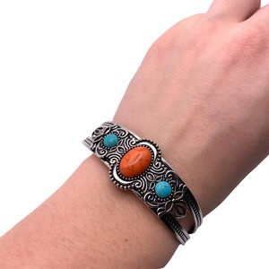 Southwestern Look Cuff Bracelet Women Silver Tone Faux Turquoise Faux Coral